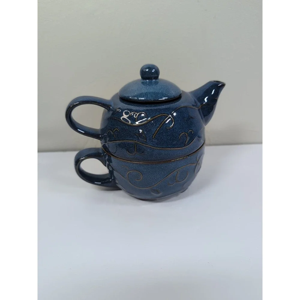 Pier 1 Teapot With Lid & Mug Stoneware Indigo Blue Embossed Perfect for one